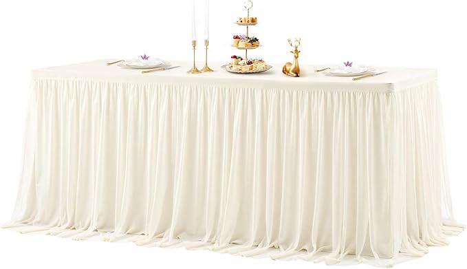 4 Pack Ivory Tablecloths for 6 Foot Rectangle Tables with Tulle Table Skirt Wedding Table Cover Stretchy Fitted Ruffle Tutu Tablecloth for Baby Shower Reception Birthday Parties Celebration Banquet