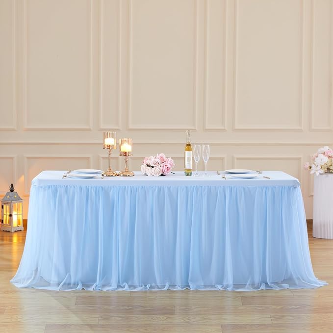Baby Blue Tulle Tablecloth Skirt for 6 Foot Rectangle Tables Baby Shower Tablecloths Blue Ruffle Tutu Table Skirt Stretch Fitted Table Covers for Wedding Birthday Party Banquet Reception Celebration