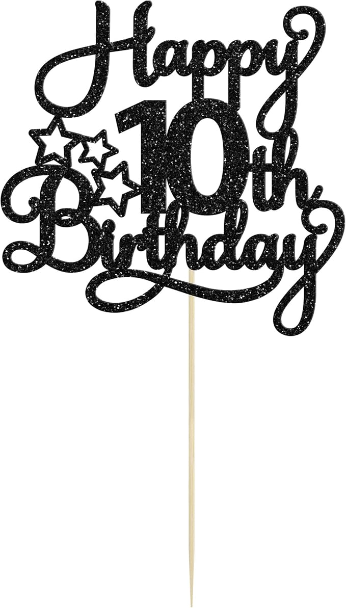 1 Pack Happy 10th Birthday Cake Topper Glitter Heart Star 10 Fabulous Cake Pick Birthday Sign Cake Decorations for Children 10th Birthday Theme Party Supplies Black
