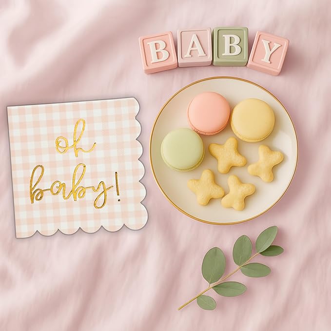 'Oh Baby' Pink Baby Shower Decorations for Girls, Pink Plaid Oh Baby Napkins, Gingham Scalloped It's a Girl Decor, 1st Birthday, Welcome Home, Sprinkles, Pregnancy Announcement, 50 Pack