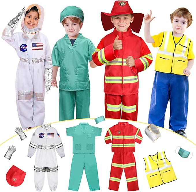 LOYO Kids Role Play Dress Up Clothes for 3-8 Years Old Play, 4 Sets Astronaut/Doctor/Fireman/Construction Costume for Kids And Toddlers Boys Halloween Costumes