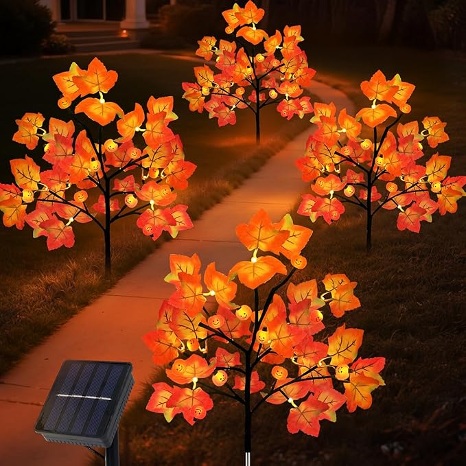 4 Packs Solar Fall Thanksgiving Decorations Outdoor, 80LED Maple Leaf Pumpkin Fall Lights for Outdoor Fall Decorations, Waterproof Thanksgiving Lights for Yard, Pathway Harvest Decor