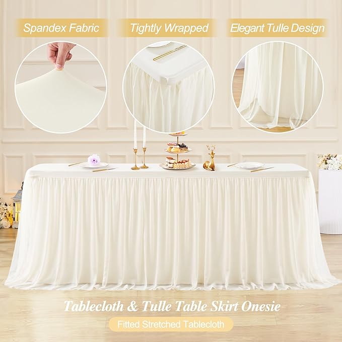 4 Pack Ivory Tablecloths for 6 Foot Rectangle Tables with Tulle Table Skirt Wedding Table Cover Stretchy Fitted Ruffle Tutu Tablecloth for Baby Shower Reception Birthday Parties Celebration Banquet