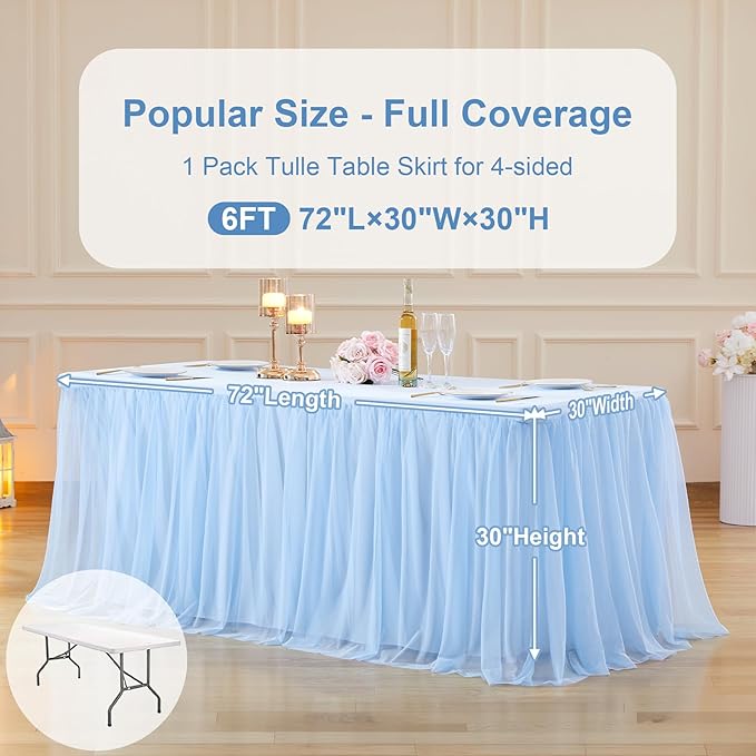 Baby Blue Tulle Tablecloth Skirt for 6 Foot Rectangle Tables Baby Shower Tablecloths Blue Ruffle Tutu Table Skirt Stretch Fitted Table Covers for Wedding Birthday Party Banquet Reception Celebration
