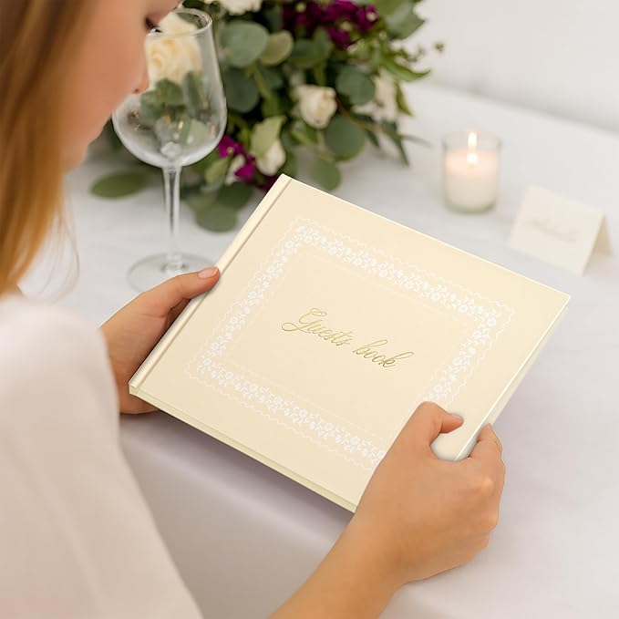 &And Per Se Wedding Guest Book - Elegant Guest Book for Wedding Reception, Baby Showers, Birthdays & Special Events, HardCovered Sign-in Book with Blank Lined Pages & Photo Spots (Beige with Pattern)