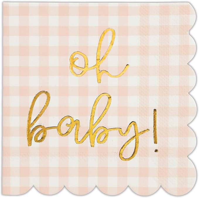 'Oh Baby' Pink Baby Shower Decorations for Girls, Pink Plaid Oh Baby Napkins, Gingham Scalloped It's a Girl Decor, 1st Birthday, Welcome Home, Sprinkles, Pregnancy Announcement, 50 Pack