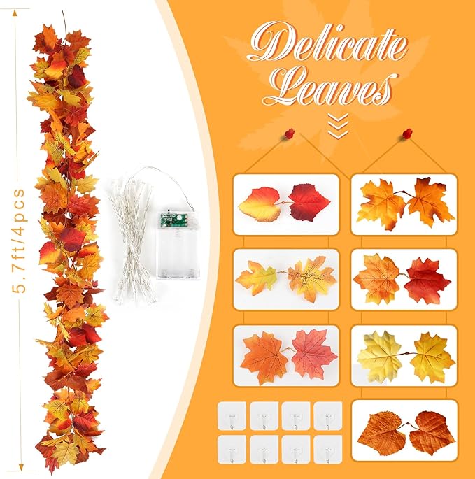 Joyhalo 4 Pack Fall Garland with Lights, Fall Leaves for Mantle, Outdoor Lighted Up Leaf Garland Autumn Decor with 6.5FT LED Lights, Maple Leaves for Table, Home, Indoor, Thanksgiving Decorations