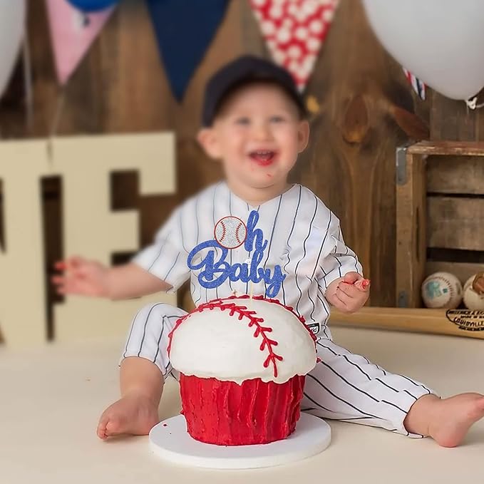 1 Pack Baseball Oh Baby Cupcake Toppers Glitter Sport Baseball Theme Babyshower Oh Baby Cake Decoration for Baseball Theme Babyshower Birthday Party Cake Decorations Supplies