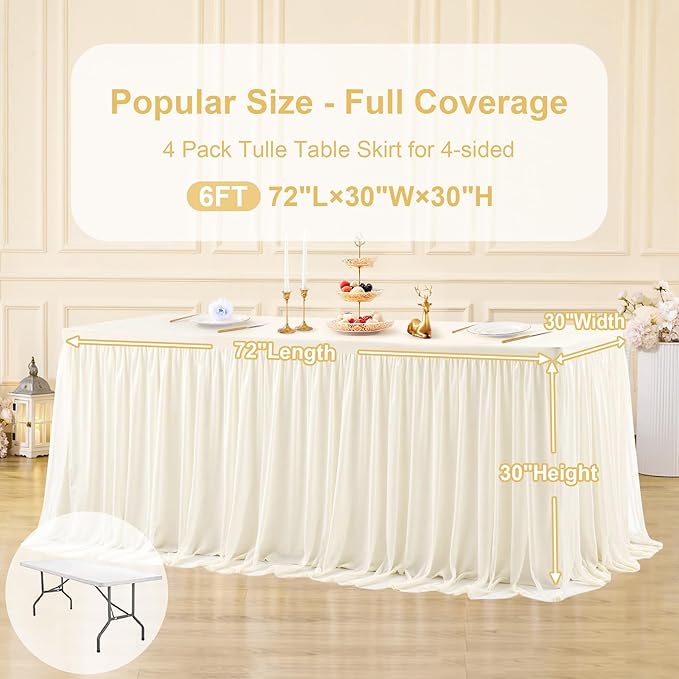 4 Pack Ivory Tablecloths for 6 Foot Rectangle Tables with Tulle Table Skirt Wedding Table Cover Stretchy Fitted Ruffle Tutu Tablecloth for Baby Shower Reception Birthday Parties Celebration Banquet