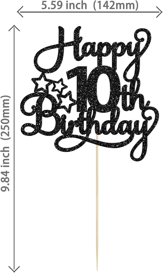 1 Pack Happy 10th Birthday Cake Topper Glitter Heart Star 10 Fabulous Cake Pick Birthday Sign Cake Decorations for Children 10th Birthday Theme Party Supplies Black