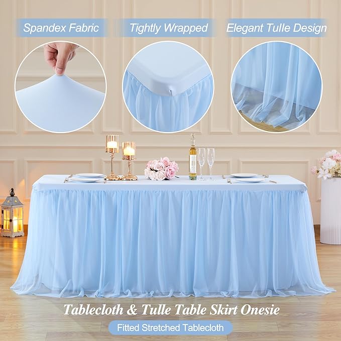 Baby Blue Tulle Tablecloth Skirt for 6 Foot Rectangle Tables Baby Shower Tablecloths Blue Ruffle Tutu Table Skirt Stretch Fitted Table Covers for Wedding Birthday Party Banquet Reception Celebration