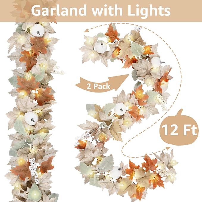 Neutral Fall Garland for Mantle Fireplace - 2 Pack Total 24Ft Outdoor Autumn Leaves Decor for Home Front Door with Pumpkins Indoor Maple for Farmhouse Stairs Porch Halloween Thanksgiving Decorations