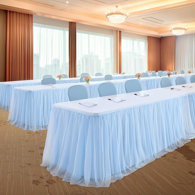 Baby Blue Tulle Tablecloth Skirt for 6 Foot Rectangle Tables Baby Shower Tablecloths Blue Ruffle Tutu Table Skirt Stretch Fitted Table Covers for Wedding Birthday Party Banquet Reception Celebration