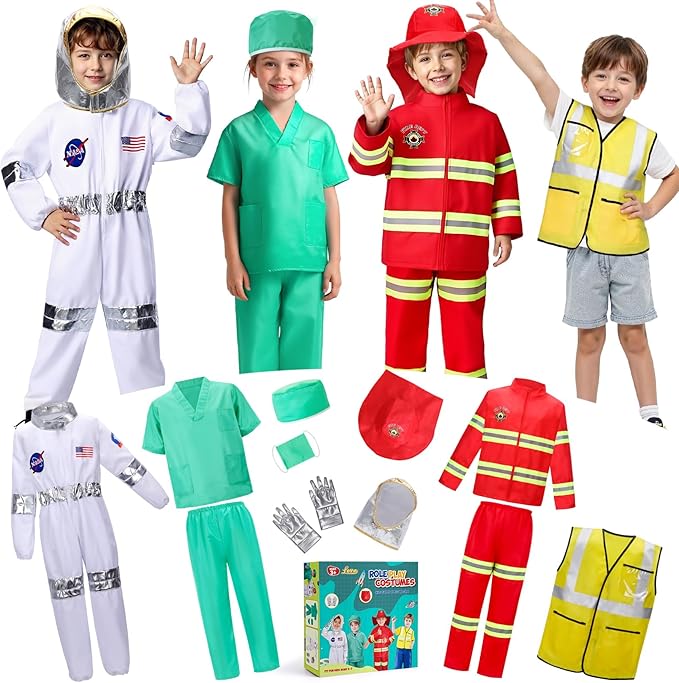 LOYO Kids Role Play Dress Up Clothes for 3-8 Years Old Play, 4 Sets Astronaut/Doctor/Fireman/Construction Costume for Kids And Toddlers Boys Halloween Costumes