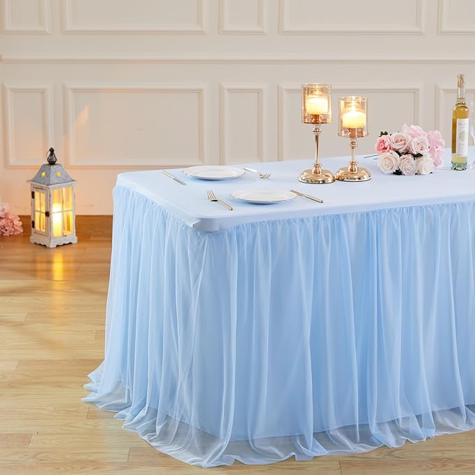 Baby Blue Tulle Tablecloth Skirt for 6 Foot Rectangle Tables Baby Shower Tablecloths Blue Ruffle Tutu Table Skirt Stretch Fitted Table Covers for Wedding Birthday Party Banquet Reception Celebration