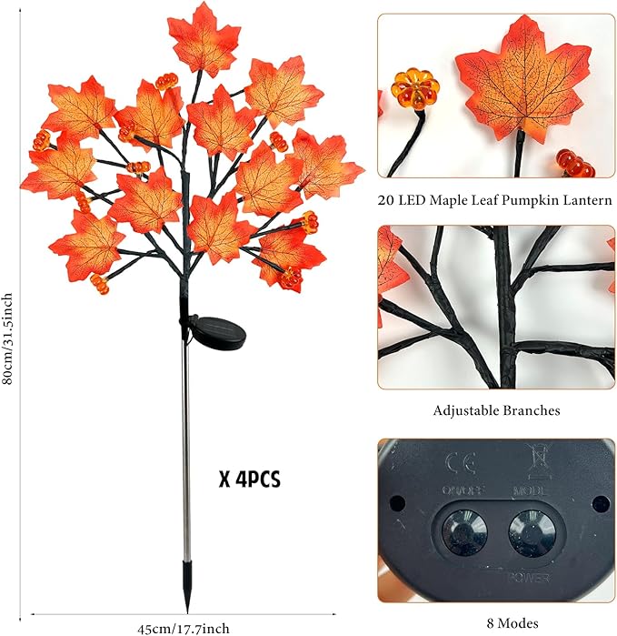 4Pack Fall Solar Lights Outdoor Decorative, Waterproof 80Led Orange Solars Lights Outdoor with 8 Modes, Pumpkin Solar Light for Fall Yard Outside Halloween Thanksgiving Decorations