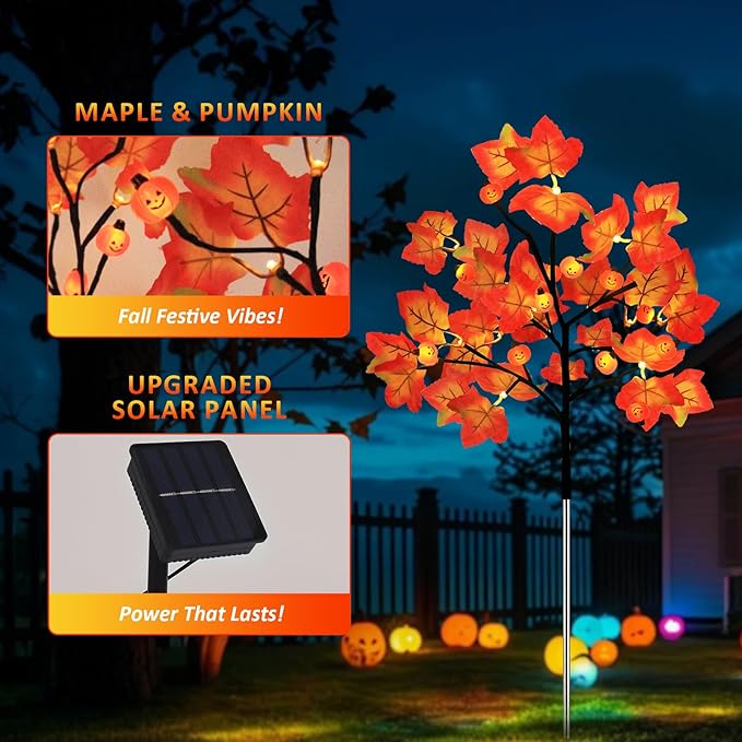 4 Packs Solar Fall Thanksgiving Decorations Outdoor, 80LED Maple Leaf Pumpkin Fall Lights for Outdoor Fall Decorations, Waterproof Thanksgiving Lights for Yard, Pathway Harvest Decor