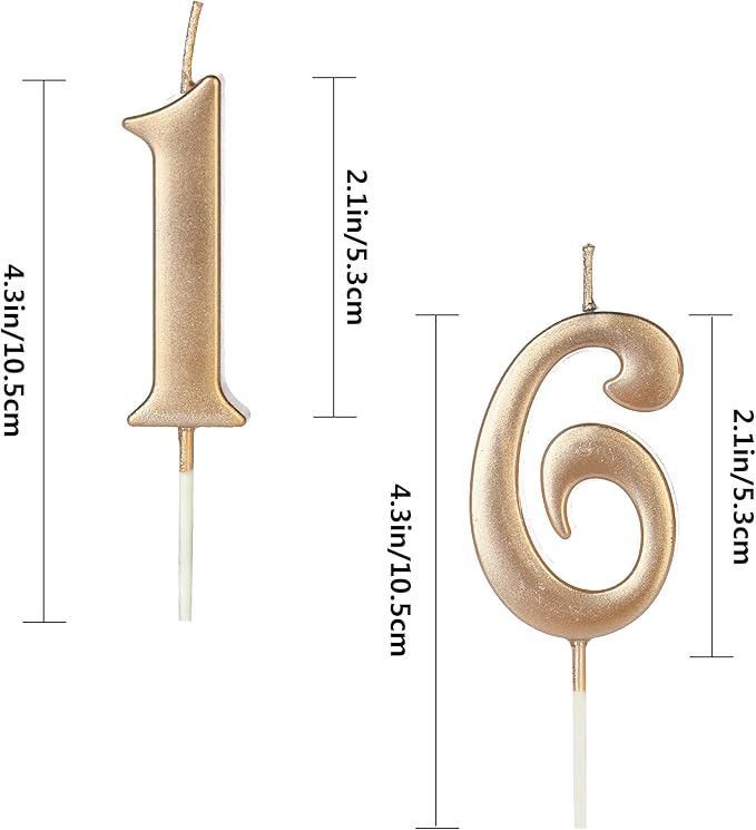 Champagne Gold 16th Birthday Candles for Cake, Number 16 1 6 Glitter Candle Party Anniversary Cakes Decoration for Kids Women or Men