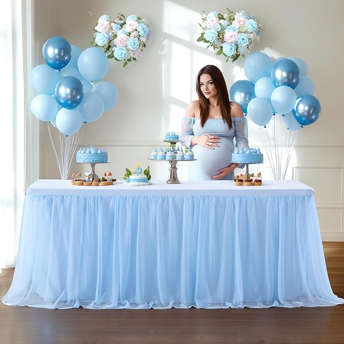 Baby Blue Tulle Tablecloth Skirt for 6 Foot Rectangle Tables Baby Shower Tablecloths Blue Ruffle Tutu Table Skirt Stretch Fitted Table Covers for Wedding Birthday Party Banquet Reception Celebration