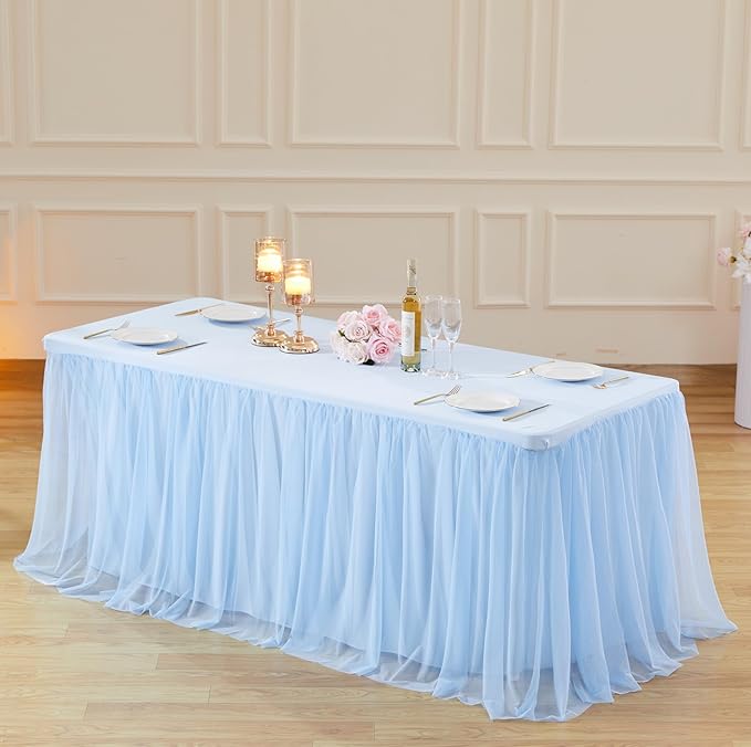 Baby Blue Tulle Tablecloth Skirt for 6 Foot Rectangle Tables Baby Shower Tablecloths Blue Ruffle Tutu Table Skirt Stretch Fitted Table Covers for Wedding Birthday Party Banquet Reception Celebration