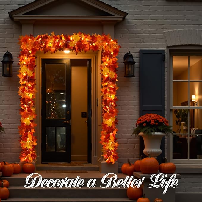 Joyhalo 4 Pack Fall Garland with Lights, Fall Leaves for Mantle, Outdoor Lighted Up Leaf Garland Autumn Decor with 6.5FT LED Lights, Maple Leaves for Table, Home, Indoor, Thanksgiving Decorations
