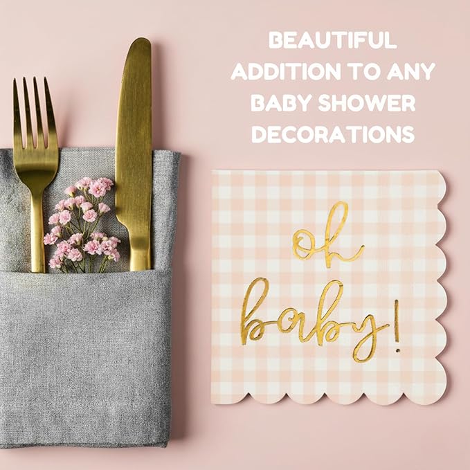 'Oh Baby' Pink Baby Shower Decorations for Girls, Pink Plaid Oh Baby Napkins, Gingham Scalloped It's a Girl Decor, 1st Birthday, Welcome Home, Sprinkles, Pregnancy Announcement, 50 Pack