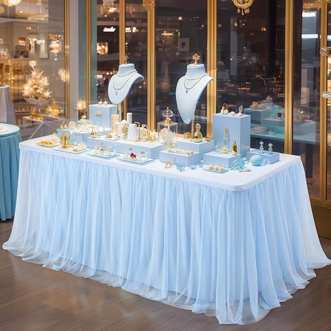 Baby Blue Tulle Tablecloth Skirt for 6 Foot Rectangle Tables Baby Shower Tablecloths Blue Ruffle Tutu Table Skirt Stretch Fitted Table Covers for Wedding Birthday Party Banquet Reception Celebration