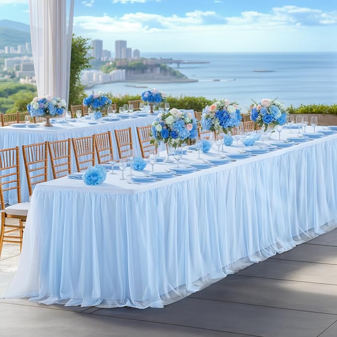 Baby Blue Tulle Tablecloth Skirt for 6 Foot Rectangle Tables Baby Shower Tablecloths Blue Ruffle Tutu Table Skirt Stretch Fitted Table Covers for Wedding Birthday Party Banquet Reception Celebration