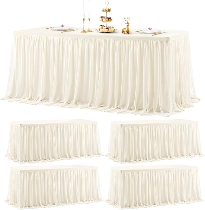 4 Pack Ivory Tablecloths for 6 Foot Rectangle Tables with Tulle Table Skirt Wedding Table Cover Stretchy Fitted Ruffle Tutu Tablecloth for Baby Shower Reception Birthday Parties Celebration Banquet