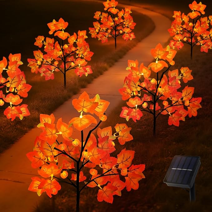 4 Packs Solar Fall Thanksgiving Decorations Outdoor, 80LED Maple Leaf Pumpkin Fall Lights for Outdoor Fall Decorations, Waterproof Thanksgiving Lights for Yard, Pathway Harvest Decor