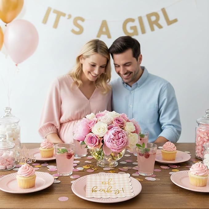 'Oh Baby' Pink Baby Shower Decorations for Girls, Pink Plaid Oh Baby Napkins, Gingham Scalloped It's a Girl Decor, 1st Birthday, Welcome Home, Sprinkles, Pregnancy Announcement, 50 Pack