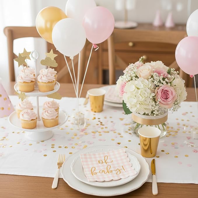 'Oh Baby' Pink Baby Shower Decorations for Girls, Pink Plaid Oh Baby Napkins, Gingham Scalloped It's a Girl Decor, 1st Birthday, Welcome Home, Sprinkles, Pregnancy Announcement, 50 Pack