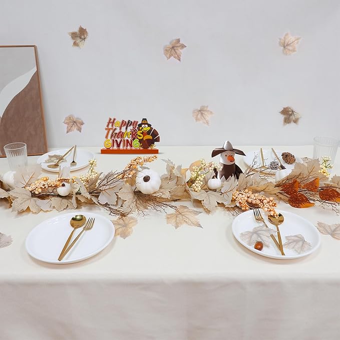 Timer - Thanksgiving Decorations Fall Garland, 6FT Maples Leaf Garlands with Lights Battery Operated Thanksgiving Garland with Pumpkins Berries for Home Indoor Outdoor Table Fireplace Wedding