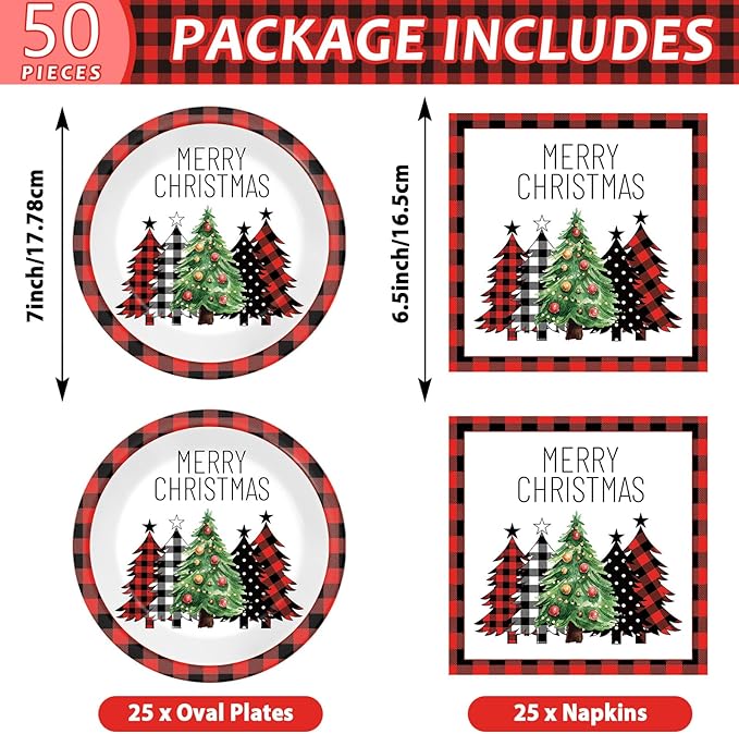 50Pcs Christmas Buffalo Plaid Tree Paper Plates and Napkins Red and Black Gingham Table Decoration Merry Christmas Disposable Party Tableware Set Serves 25 Guest Winter Xmas Holiday Party Supplies