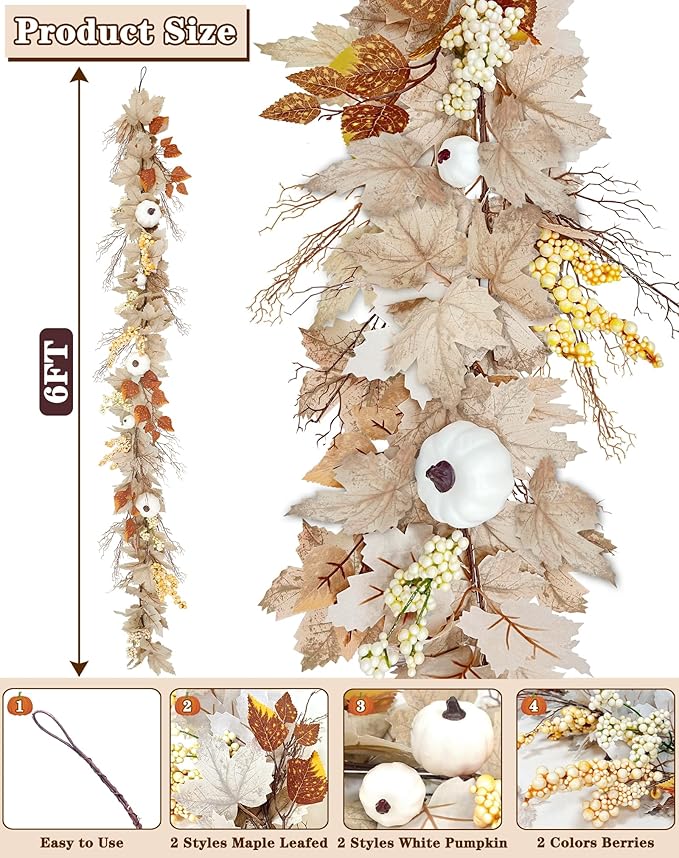 Timer - Thanksgiving Decorations Fall Garland, 6FT Maples Leaf Garlands with Lights Battery Operated Thanksgiving Garland with Pumpkins Berries for Home Indoor Outdoor Table Fireplace Wedding