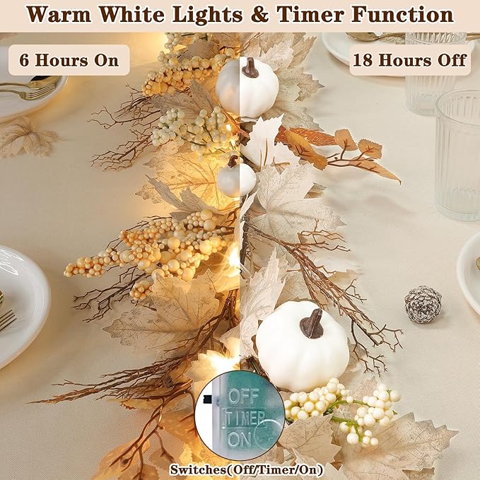 Timer - Thanksgiving Decorations Fall Garland, 6FT Maples Leaf Garlands with Lights Battery Operated Thanksgiving Garland with Pumpkins Berries for Home Indoor Outdoor Table Fireplace Wedding
