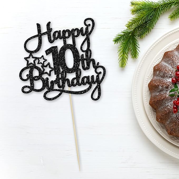 1 Pack Happy 10th Birthday Cake Topper Glitter Heart Star 10 Fabulous Cake Pick Birthday Sign Cake Decorations for Children 10th Birthday Theme Party Supplies Black