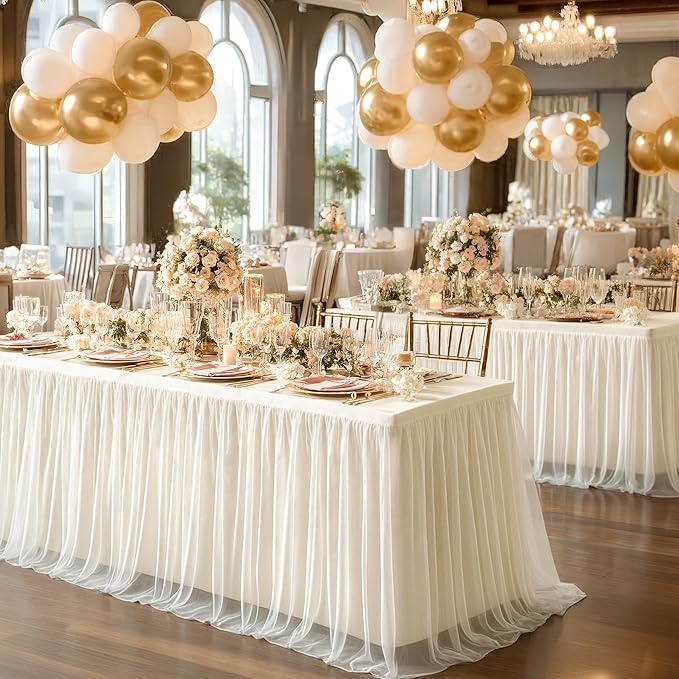 4 Pack Ivory Tablecloths for 6 Foot Rectangle Tables with Tulle Table Skirt Wedding Table Cover Stretchy Fitted Ruffle Tutu Tablecloth for Baby Shower Reception Birthday Parties Celebration Banquet