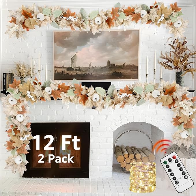 Neutral Fall Garland for Mantle Fireplace - 2 Pack Total 24Ft Outdoor Autumn Leaves Decor for Home Front Door with Pumpkins Indoor Maple for Farmhouse Stairs Porch Halloween Thanksgiving Decorations
