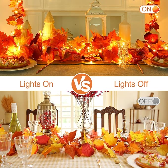 Joyhalo 4 Pack Fall Garland with Lights, Fall Leaves for Mantle, Outdoor Lighted Up Leaf Garland Autumn Decor with 6.5FT LED Lights, Maple Leaves for Table, Home, Indoor, Thanksgiving Decorations