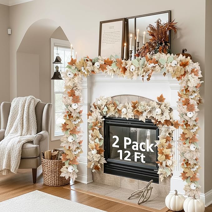 Neutral Fall Garland for Mantle Fireplace - 2 Pack Total 24Ft Outdoor Autumn Leaves Decor for Home Front Door with Pumpkins Indoor Maple for Farmhouse Stairs Porch Halloween Thanksgiving Decorations