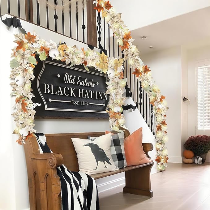 Neutral Fall Garland for Mantle Fireplace - 2 Pack Total 24Ft Outdoor Autumn Leaves Decor for Home Front Door with Pumpkins Indoor Maple for Farmhouse Stairs Porch Halloween Thanksgiving Decorations