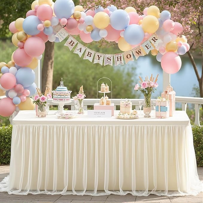 4 Pack Ivory Tablecloths for 6 Foot Rectangle Tables with Tulle Table Skirt Wedding Table Cover Stretchy Fitted Ruffle Tutu Tablecloth for Baby Shower Reception Birthday Parties Celebration Banquet