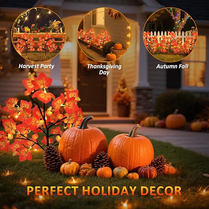 4 Packs Solar Fall Thanksgiving Decorations Outdoor, 80LED Maple Leaf Pumpkin Fall Lights for Outdoor Fall Decorations, Waterproof Thanksgiving Lights for Yard, Pathway Harvest Decor