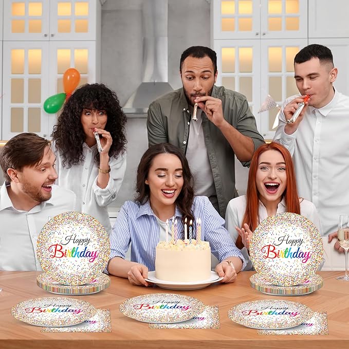 CHUNNIN 50PCS Confetti Sprinkles Plates and Napkins Pastel Happy Birthdays Party Decorations Confetti Theme Party Tableware Set Serves 25 Guest Baby Shower Birthday Supplies