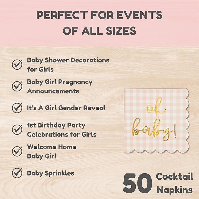 'Oh Baby' Pink Baby Shower Decorations for Girls, Pink Plaid Oh Baby Napkins, Gingham Scalloped It's a Girl Decor, 1st Birthday, Welcome Home, Sprinkles, Pregnancy Announcement, 50 Pack