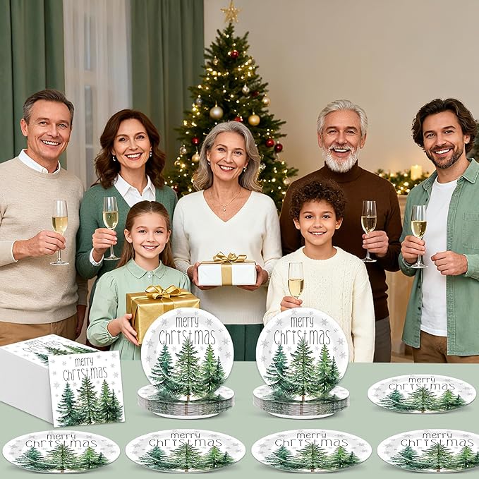 50Pcs Christmas Tree Paper Plates and Napkins Merry Christmas Watercolor Green Cedar Snowflake Party Tableware Set Xmas Pine Trees Disposable Dinnerware for Winter Xmas Holiday Party Decor Supplies