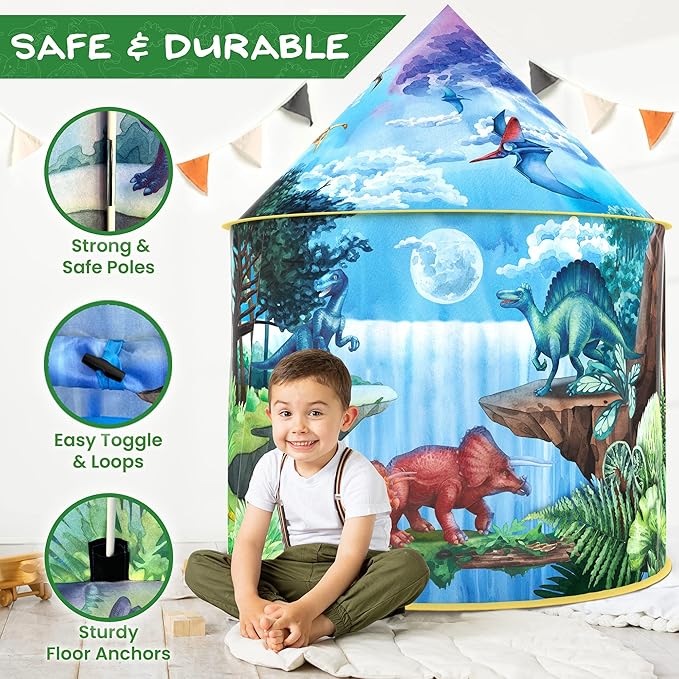W&O Dinosaur Discovery Kids Tent with Roar Button, Dinosaur Toys and LED Lights - Epic Pop Up Tent for Boys & Girls - Perfect for Indoor & Outdoor Adventures