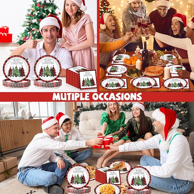 50Pcs Christmas Buffalo Plaid Tree Paper Plates and Napkins Red and Black Gingham Table Decoration Merry Christmas Disposable Party Tableware Set Serves 25 Guest Winter Xmas Holiday Party Supplies