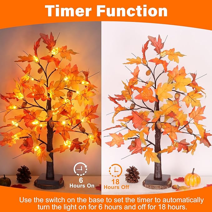 2 Pack 24 Inch Fall Maple Tree Fall Thanksgiving Decorations with Lights Lighted Artificial Tree with Pumpkin Acorn Maple Thanksgiving Table Decoration Centerpieces Indoor Friendsgiving Decor for Home